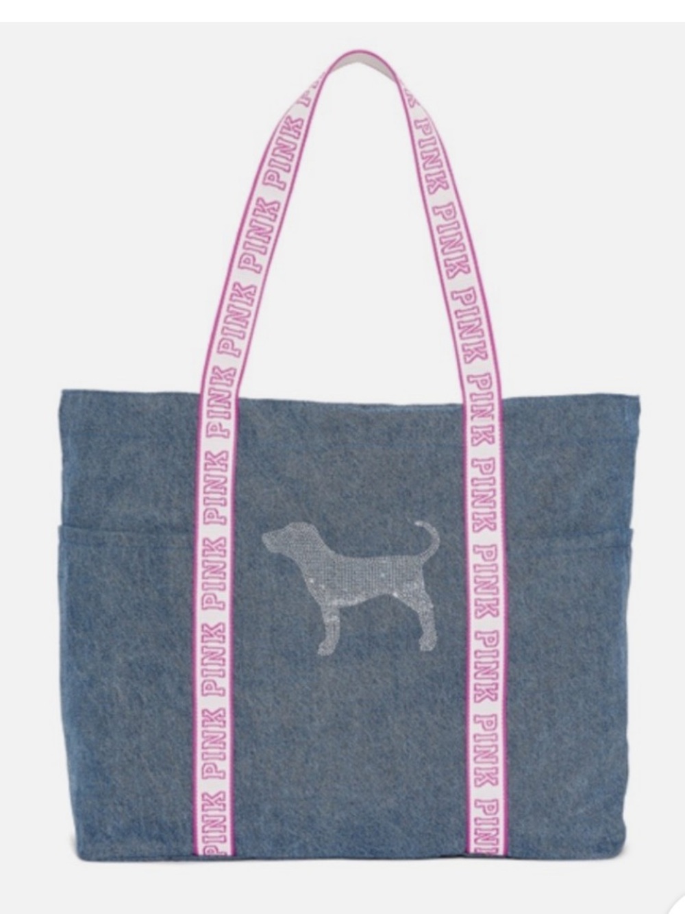 NWT PINK Victoria's Secret Denim Dog Tote Bag with Pink Logo Straps